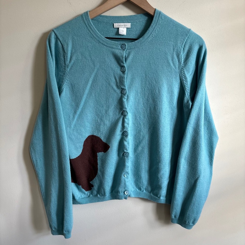 Garnet Hill Turquoise Blue Dachshund Dog Intarsia Knit Cardigan Sweater Large